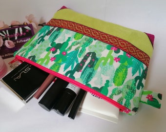 Trousse à maquillage, trousse molletonnée, étui cosmétique, cactus, vert, rose