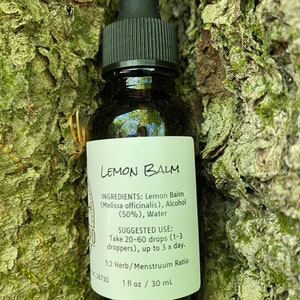 May include: A dark brown glass bottle with a black dropper top. The bottle is labelled "Lemon Balm" and contains a herbal tincture. The label lists the ingredients as Lemon Balm (Melissa officinalis), Alcohol (50%), and Water. It also includes suggested use: Take 20-60 drops (1-3 droppers), up to 3 x day. The label also states the ratio is 1:2 Herb/Menstruum. The bottle contains 1 fl oz / 30 mL.