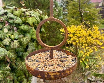 Rustieke metalen vogelvoederbak, cortenstaal, buitentuindecor