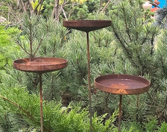 Rusty flower garden stakes, Metal rain catchers, Bird bath outdoor garden decor