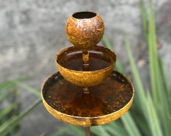 Rusty Metal Rain Catchers, Bird Baths, Bird & Bee Feeders – Garden Metal Art, Rustic Garden Bowl, Outdoor Decor, Weathered Yard Sculpture