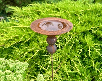 Rusty Metal Bird Bath Stake, Rain Catcher Garden Decor