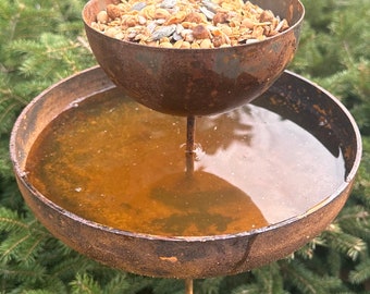 Rusty Metal Bird Feeder Garden Stake – Rain Catcher, Yard Art