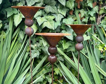 Rusty Metal Bird Baths (Set of 3) - Rain Catcher Garden Decor