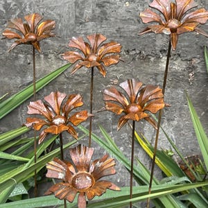 Rusty Flowers Set Of 6, 6 Rusty Flowers Garden Stakes, Metal Garden Decor, Metal Yard Art, Outdoor Metal Decor, Rusty Metal Garden Decor