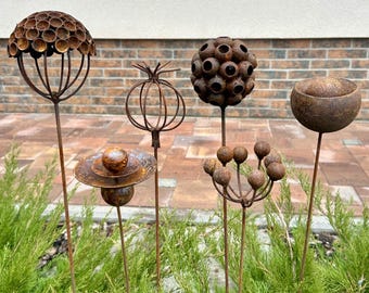Set van 6 roestige metalen bloemstokken, tuindecoratie, rustieke tuinversiering