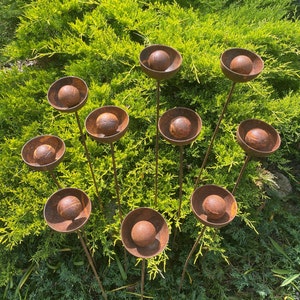 Set of 10 rusty flowers, Metal garden decorations, Yard art, Outdoor metal decor, Rusty metal rain catchers, beautiful garden stakes.