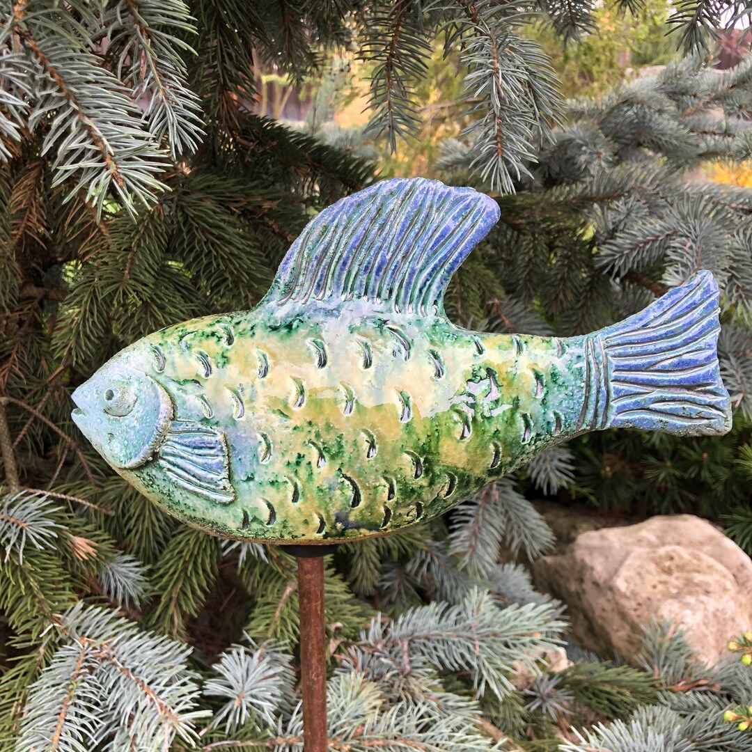 Garden Decor, Garden Sculpture, Garden Art, Garden Stakes, Ceramic Fish