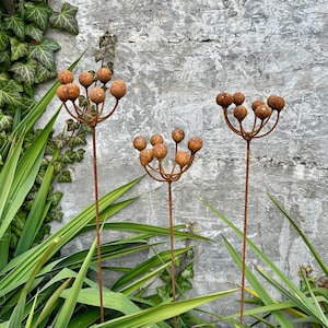 Set of 3 Rustic Metal Garden Finials, Rusty Exotic Flowers, Metal Garden Stakes, Outdoor Yard Art, Weathered Metal Garden Decor