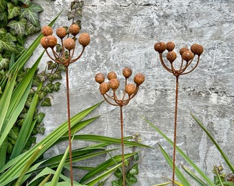 Set of 3 Rusted Metal Flower Stakes Trio Garden Yard Lawn Outdoor Plant Sculpture