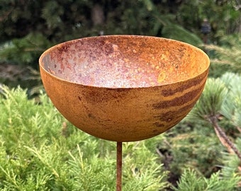 Corten Steel Rain Catcher, Rustic Bird Bath, Garden Stake