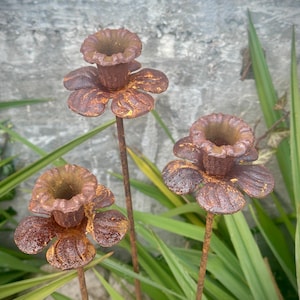 Handmade Corten Steel, Flower Garden Stakes, Rustic Bell-Shaped Narcissus Set