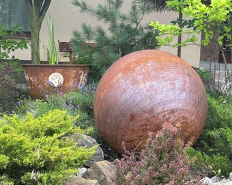 Big 35” Rusty Metal Sphere Outdoor Garden Decor - Zen Garden Globe Sculpture