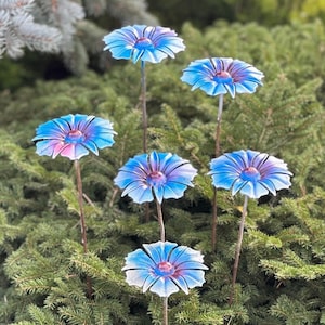 Handmade Blue Metal Flower Garden Stakes: Rustic Yard Art, Set of 6