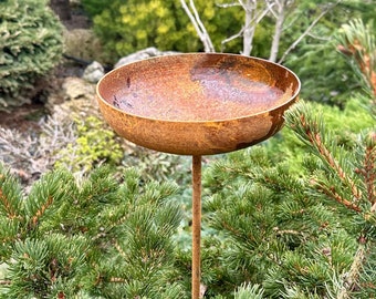 Rusty Metal Bird Bath, Rain Catcher Garden Stake, Rustic Yard Art