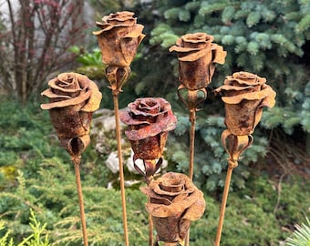 Rusty Rose Garden Stakes, Handmade Metal Flower Yard Art, Outdoor Rustic Sculpture