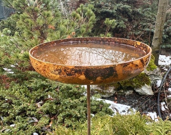 6” Rusty Metal Rain Catcher, Flower Garden Stakes, Bird Bath Outdoor Sculpture, Rustic Yard Decor Weathered Garden Art Unique Outdoor Accent