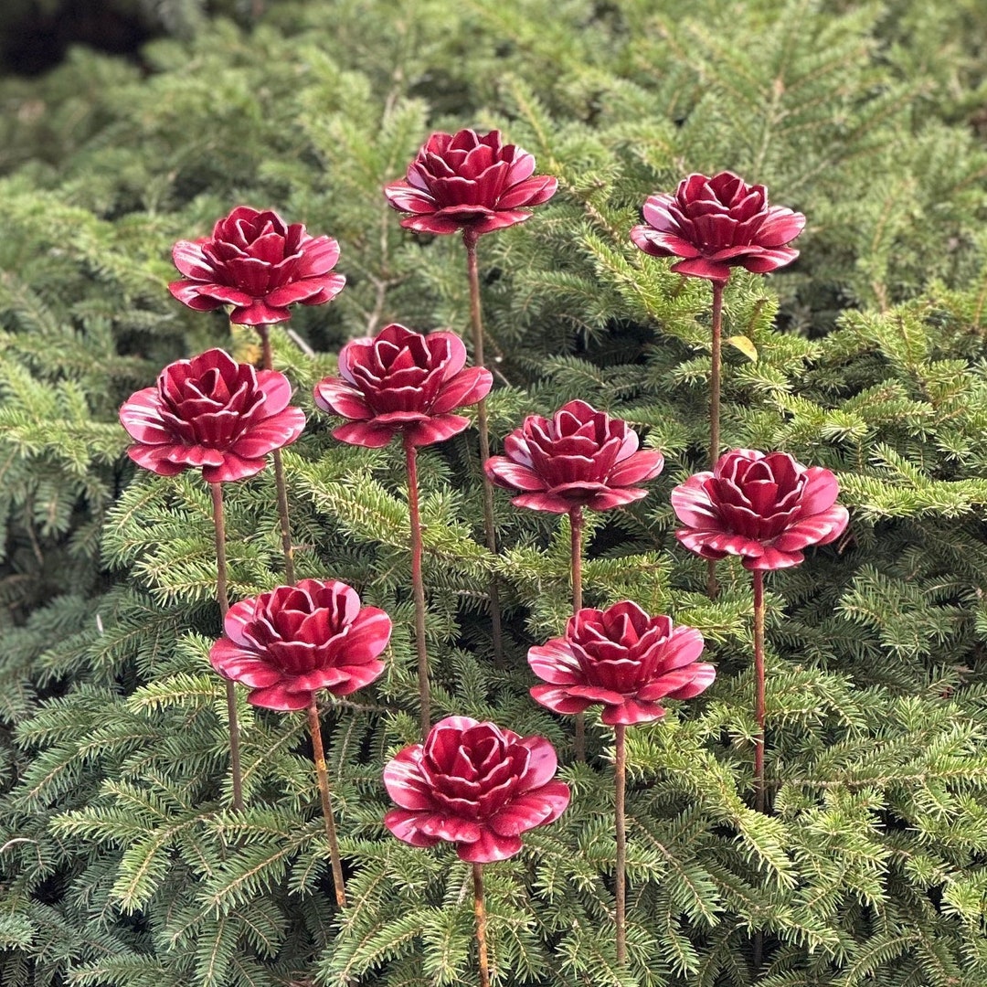 Metal Flowers Set of 10, Garden Stakes, Metal Garden Decor, Metal Yard