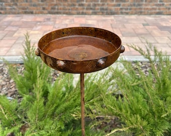 Rusty Metal Bird Bath, Garden Rain Catcher, Outdoor Water Station