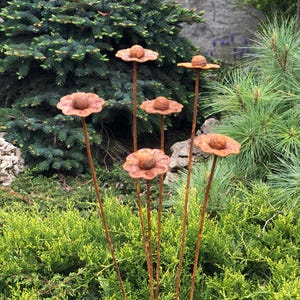 Rusty Flowers Set Of 6 Garden Stakes, Metal Garden Decor, Metal Yard Art, Outdoor Metal Decor, Rustic Metal Flower Sculpture For Yard