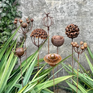 Set of 8 Rusty Metal Flower Stakes, Garden Art, Rustic Yard Decor