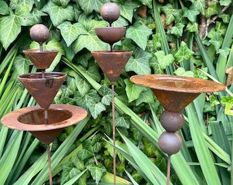 Rustic Metal Garden Stake Rain Catchers: Bee Watering Station, Butterfly Feeder
