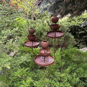 Rusty flower garden stakes, Metal rain catchers, Bird bath outdoor garden decor