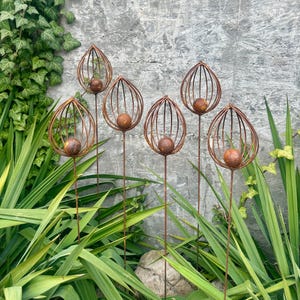 Rusty Finials Set of 6, Garden Stakes, Rustic Metal Ornaments, Outdoor Yard Decor, Metal Garden Accents, Weathered Sculpture Art