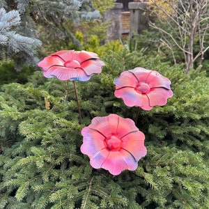 Juego de 3 estacas de flores de metal, estacas de jardín, decoración de jardín de metal, arte de patio de metal, decoración de metal al aire libre, arte de jardín, arte al aire libre, tallo de flor
