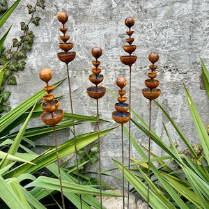 Rusty Outdoor Decor Set of 6 Tiny Flower Garden Stakes, Metal Flower Garden Decor, Metal Yard Art, Rustic Metal Garden Ornament