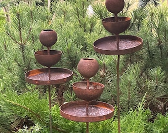 Metal Rain Catchers, Bee & Butterfly Cups outdoor garden decor, Bees Garden Decor, Butterfly feeder, Water station, Rusty garden stakes