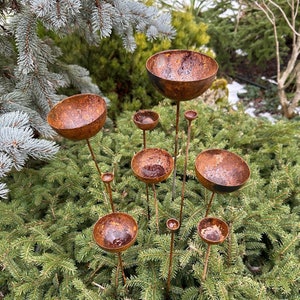 Set of 10 Rusty Metal Flowers – Garden Stakes, Metal Rain Catchers, Outdoor Yard Art, Rustic Metal Garden Decor, Handmade Landscape Accents
