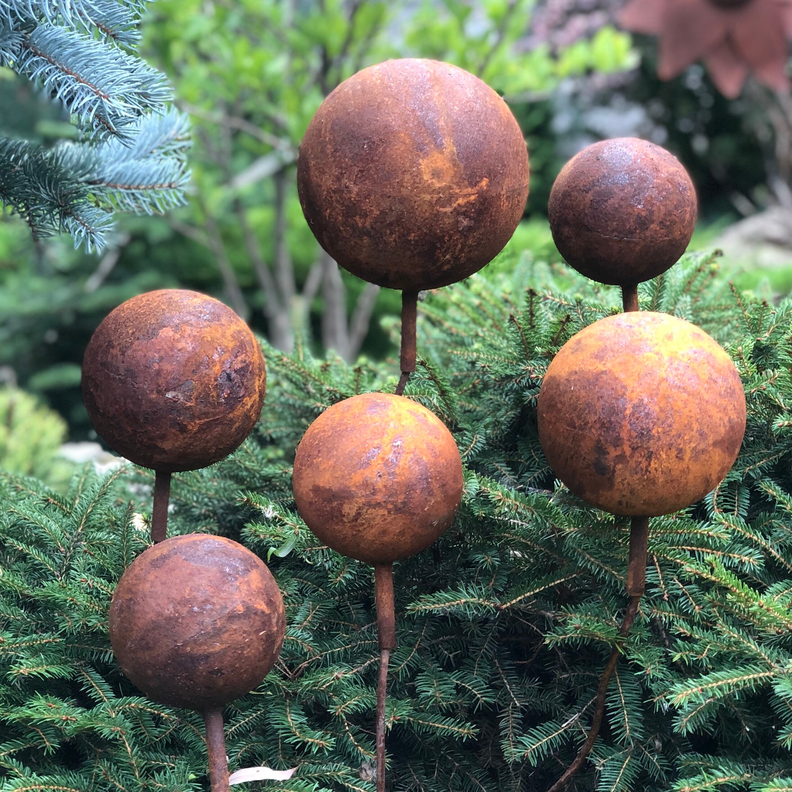 Set of 6 Rusty Metal Balls on Stakes Rusty Garden Decor Etsy