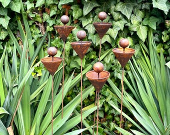 Rustic Metal Garden Chalice Butterfly Feeder Set of 6 Rain Catchers, Bee Waterer