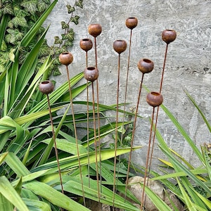 Set of 10 Rusty Tiny Flowers, Metal Rain Catchers, Garden Decor, Outdoor Metal Yard Art, Rustic Flower Stakes, Weathered Metal Sculpture