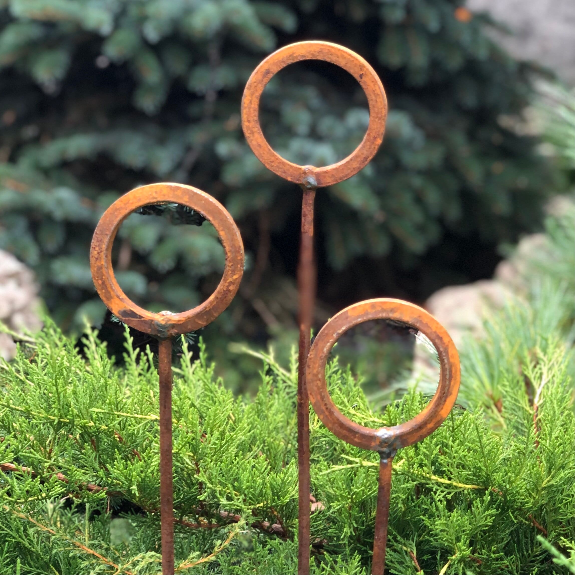 Set of 3 Rusty Metal Garden Stakes Rusty Garden Finials Etsy