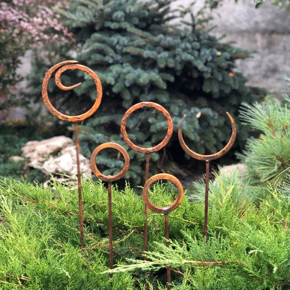 Lot De 4 Piquets De Jardin En Métal Aspect Rouillé | Forme Coquillage | Tige 15 Cm | Déco Extérieure Rustique