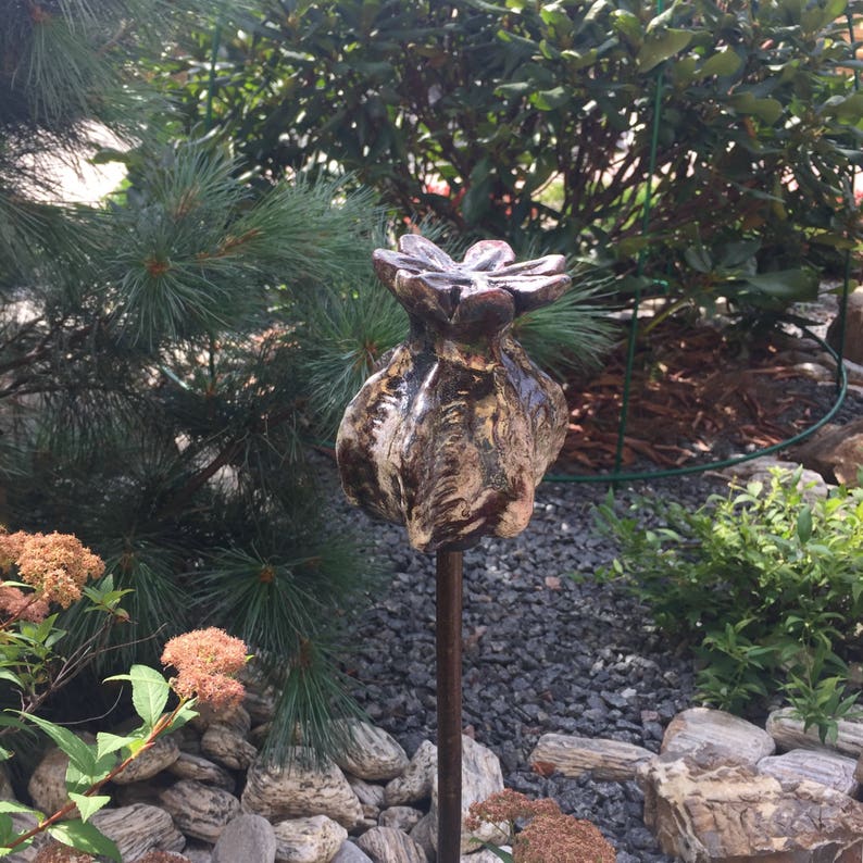 Garden Art Raku Ceramic Poppy Seed Head Garden Stake Garden Etsy