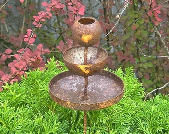 Rusty Metal Rain Catcher, Bee and Butterfly Water Station, Garden Decor