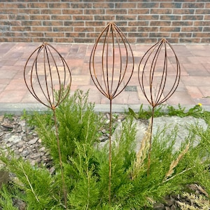 Rusty Finials Set of 3, Garden Stakes, Rustic Metal Ornaments, Outdoor Yard Decor, Metal Garden Accents, Weathered Sculpture Art