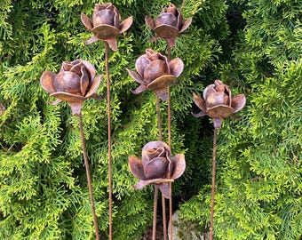 Set of 6 Rusty Metal Rose Garden Stakes, Floral Yard Art Decor