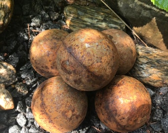 Set of 5 Rusted Metal Spheres 5", Large Hollow Garden Globes, Industrial Landscape Art