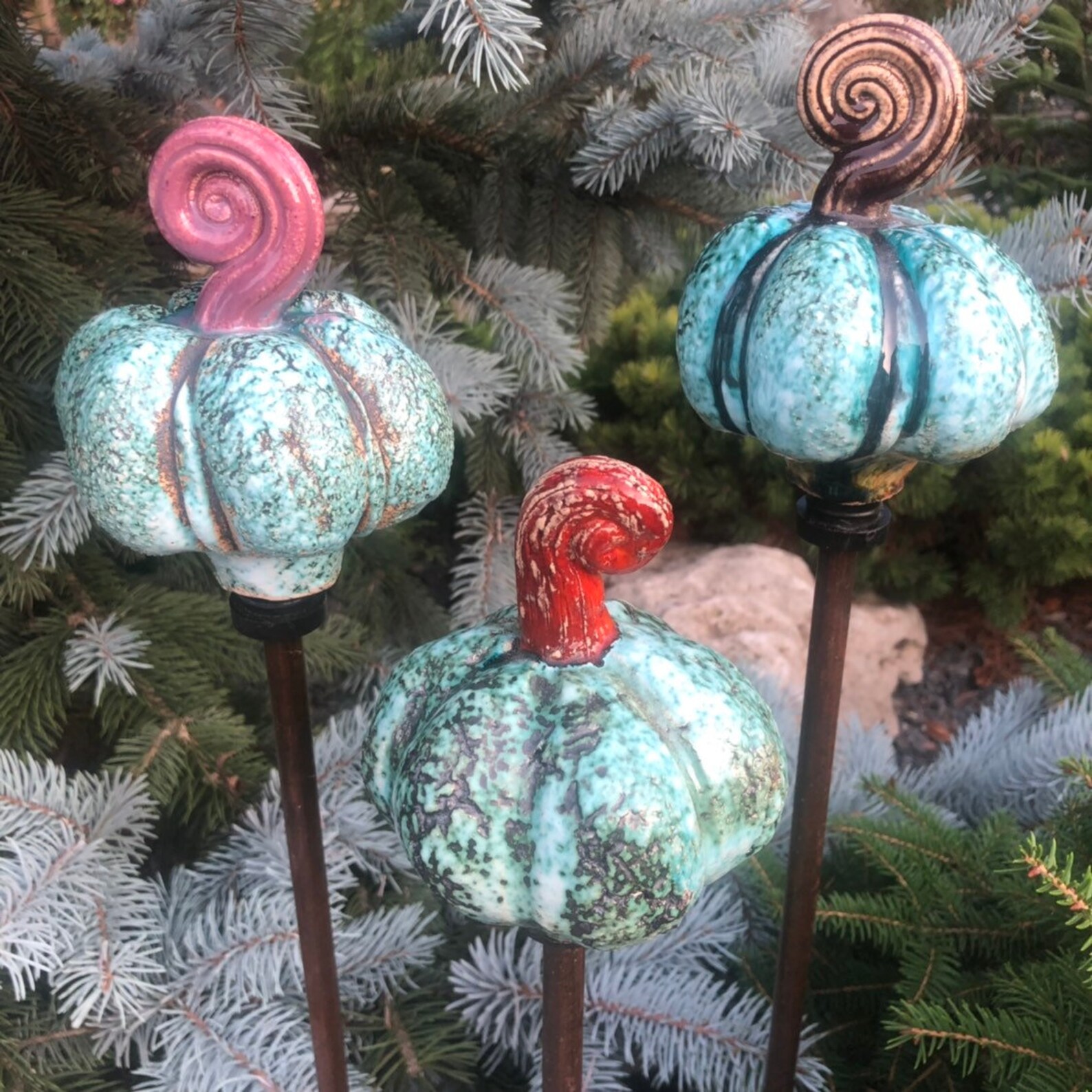 Set of 3 Pumpkin Garden Stakes Halloween Decor Garden Etsy