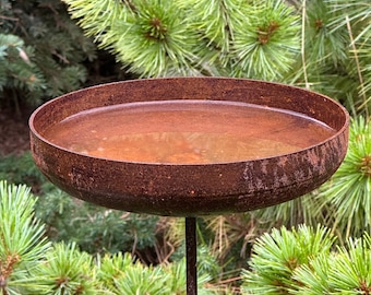 Rusty bowl garden stakes, 8ʼʼ Metal rain catchers, Bird bath outdoor garden decor