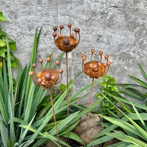 Rustic Metal Exotic Flowers Set of 3 Garden Sculptures Bee Butterfly Rain Catchers Handmade Outdoor Decor Yard Art Landscaping Gift