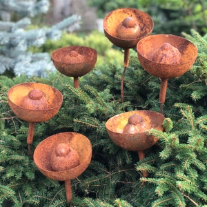 Rusty Flowers Set of 6, Metal Garden Decor, 6 Rusty Flower Garden Stakes, Yard Art, Outdoor Metal Decor, Rusty Metal Rain Catchers