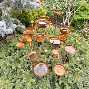 Rusty Flowers Set of 20, Metal Rain Catcher, Outdoor Metal Decor, Rusty Metal Garden Stakes, Flower Garden Art, Rustic Metal Yard Decor