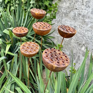 Rustic Metal Lotus Flowers Set of 6, Handmade Garden Sculptures, Rain Catchers for Bees and Butterflies, Outdoor Yard Art, Landscaping Gift