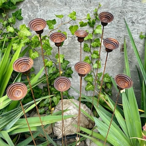 Rusty Metal Flowers Set of 10, Garden Decor, Handmade Outdoor Stakes, Rustic Yard Art, Landscaping Accents, Bee Butterfly Water Cups