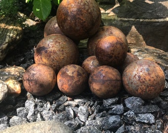Set of 14 Rusty Metal Garden Spheres, Hollow Yard Orbs, Modern Landscape Sculpture
